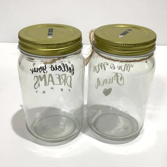 Pair of Glass Screw Top Jar Coin Banks Dreams Wedding w/ Charms NEW - Picture 2 of 6